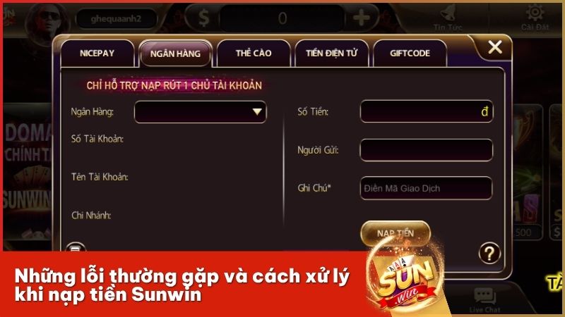 Tổng hợp lỗi nạp tiền Sunwin thường gặp và cách khắc phục nhanh chóng nhất